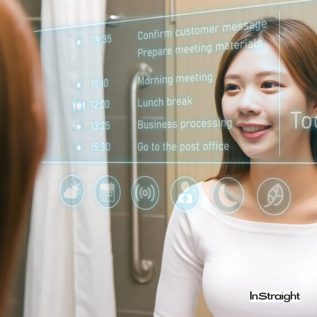 A lady infront of a smart mirror under title What Type of Mirror is Used in Bathrooms